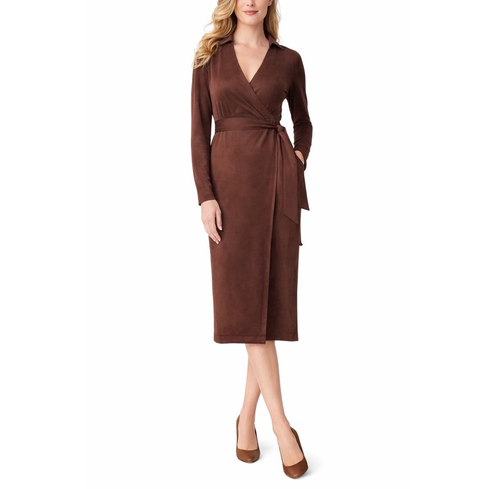 J. McLaughlin Women's Brandt Faux Suede Wrap Dress Long Sleeve Chocolate Brown S